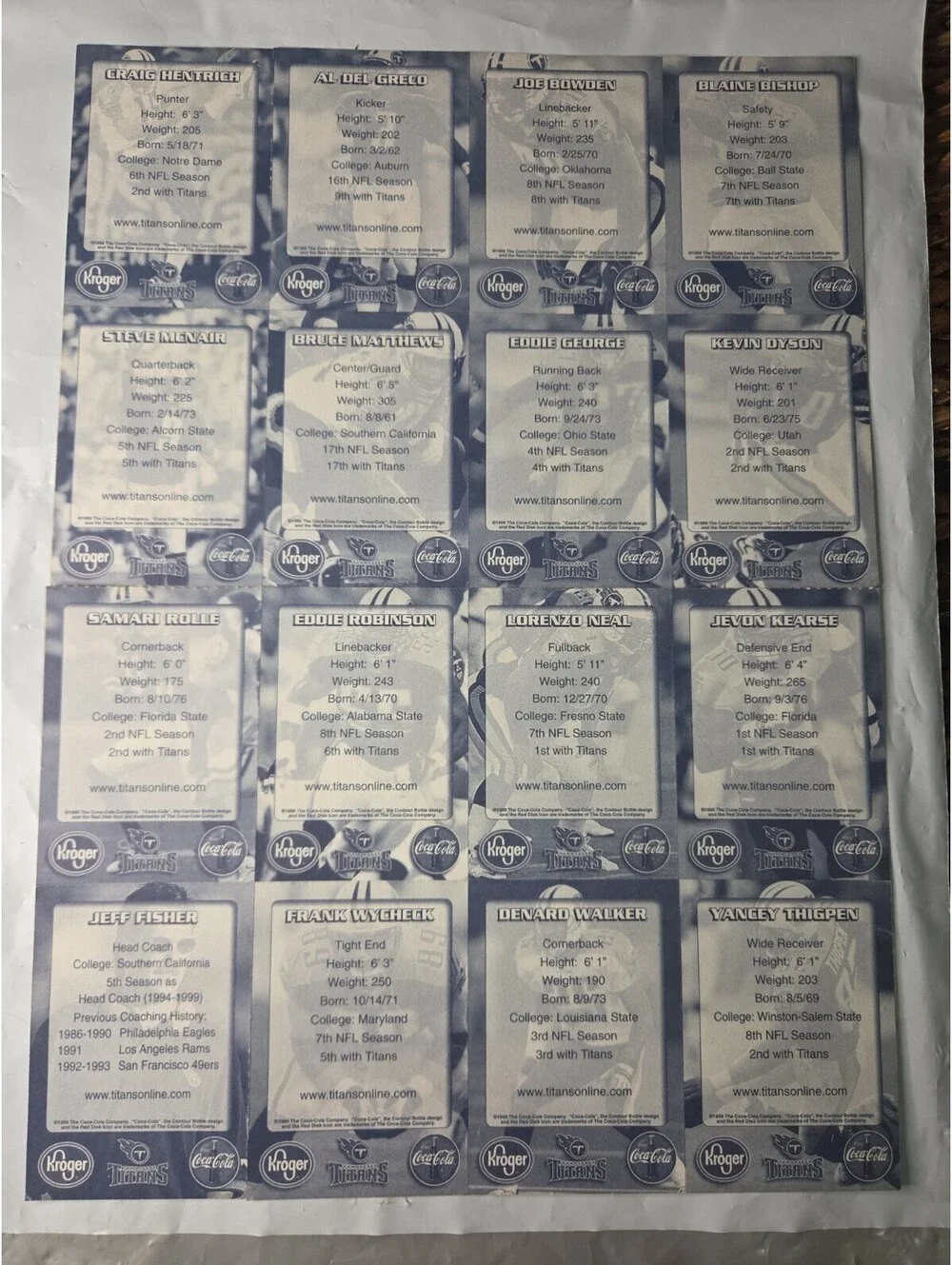 1999 Tennessee Titans 16 Uncut Trading Card Set 10x14 Sheet